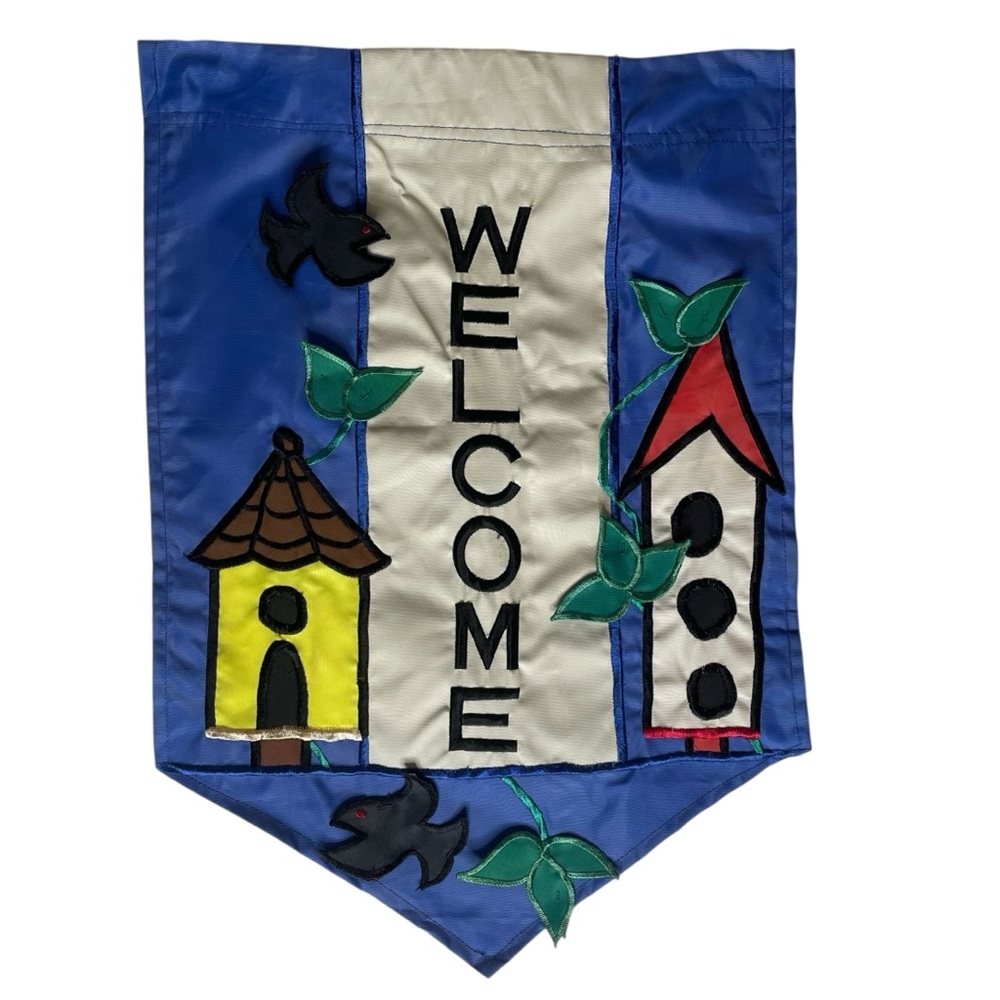 3-D Birdhouses Welcome Yard Flag Hanging Banner Bird Colorful Vintage ‘90s 12x17